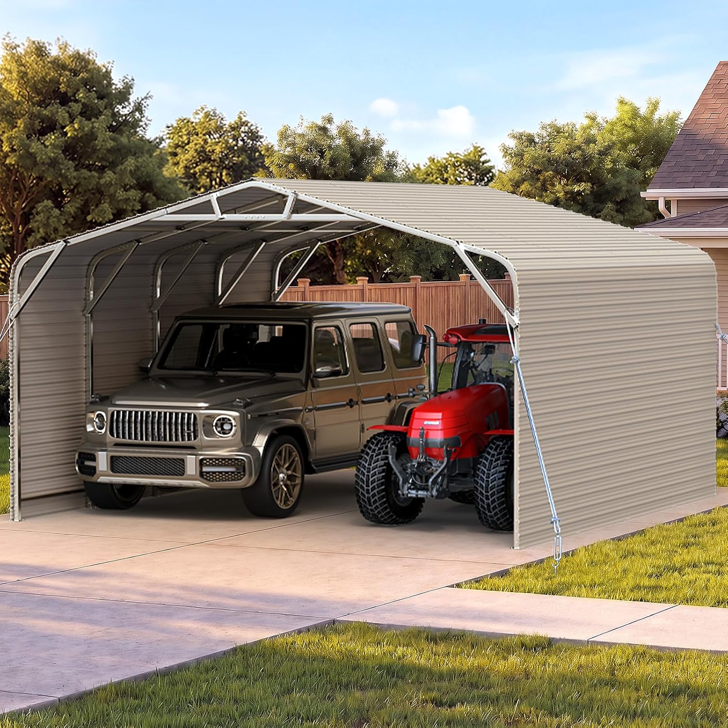 Full box contents and build quality of the Quictent 20x20 carport kit showing pre-drilled steel framing and hardware