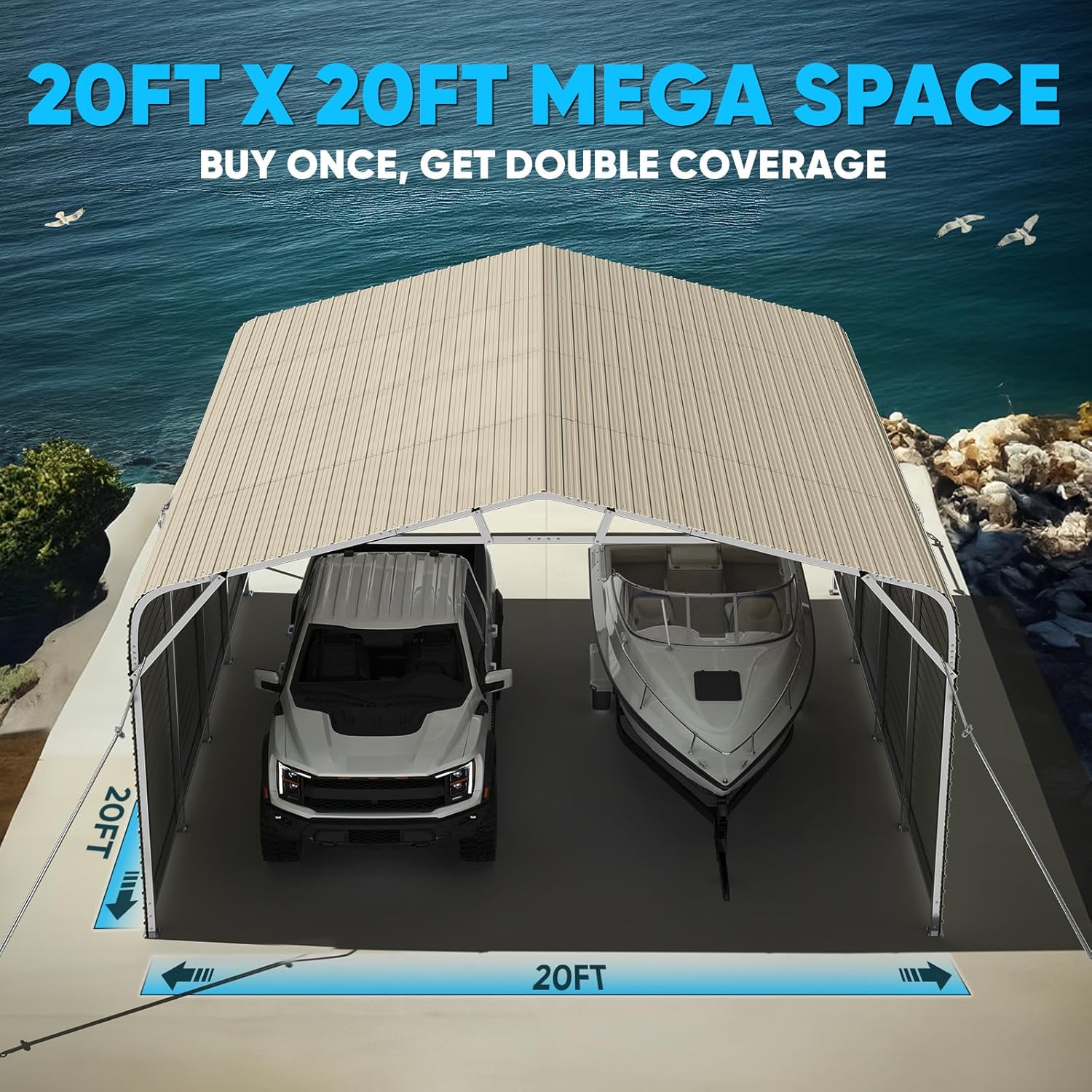Key features of the Quictent 20x20 carport including the high peak and vertical roof design
