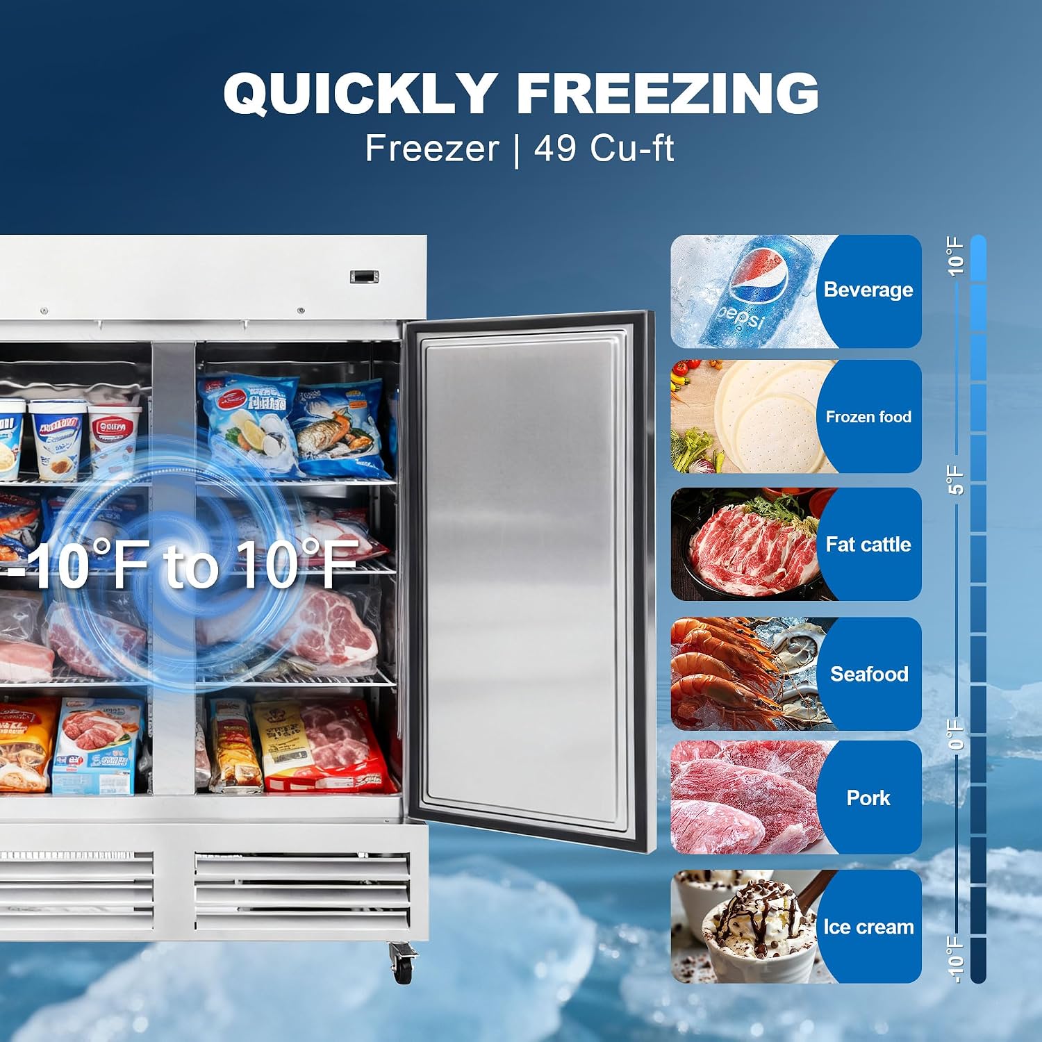 CHUMART commercial freezer review — close-up of the Dixell thermostat, stainless steel doors, and interior shelves