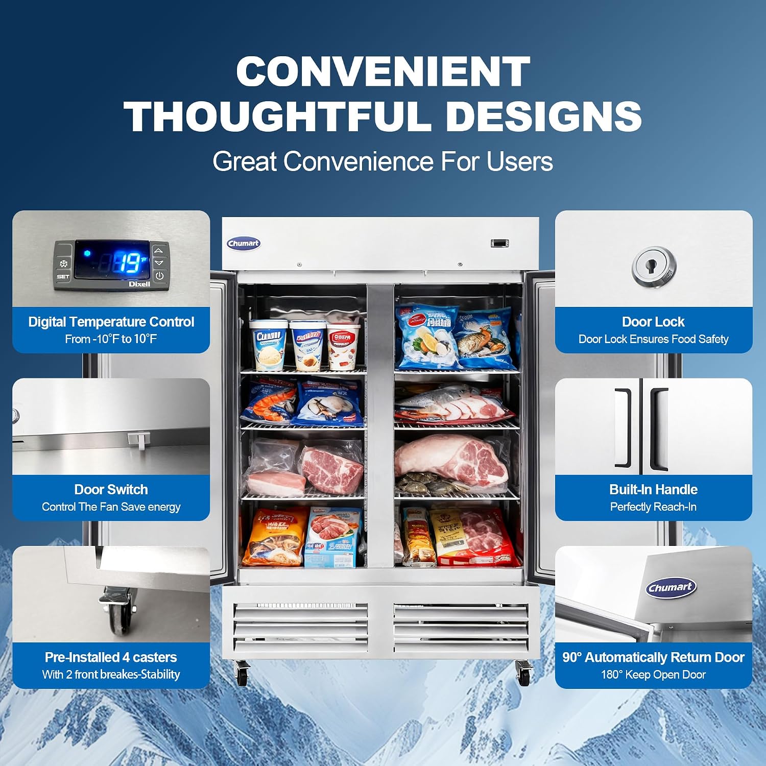 CHUMART commercial freezer review — temperature data log and performance testing with repeated door openings