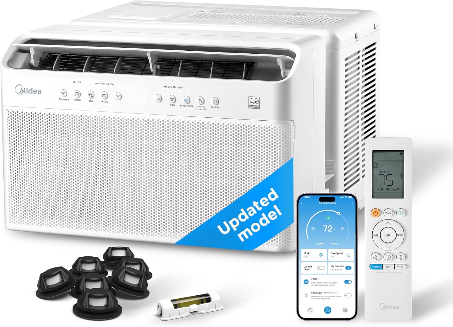 Midea U shaped AC review and rating build quality inspection showing the U-shaped chassis, side arms, and drain plug