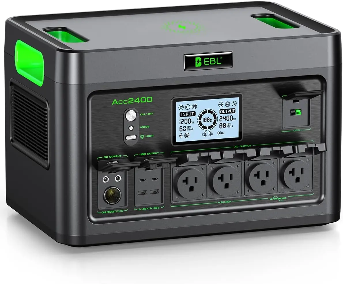 EBL Acc2400 Power Station Review unit during hands-on performance testing on a garage workbench